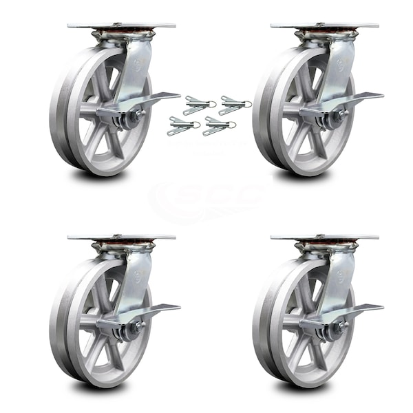 8 Inch V Groove Semi Steel Caster Set with Roller Bearings and Brake/Swivel Lock
